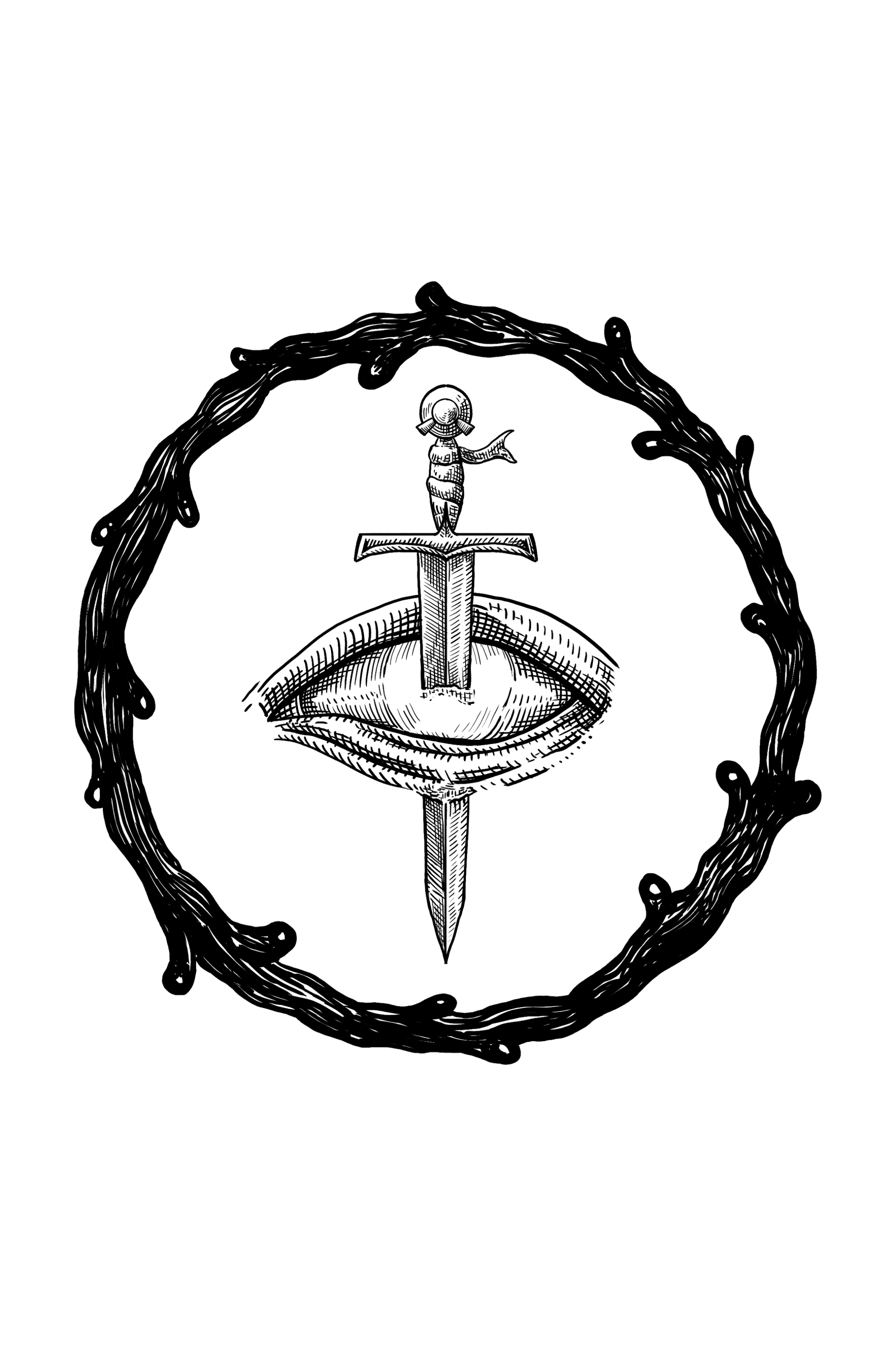 The Crimson Reign sigil. A sword passing through an eye, enclosed by an organic ring.