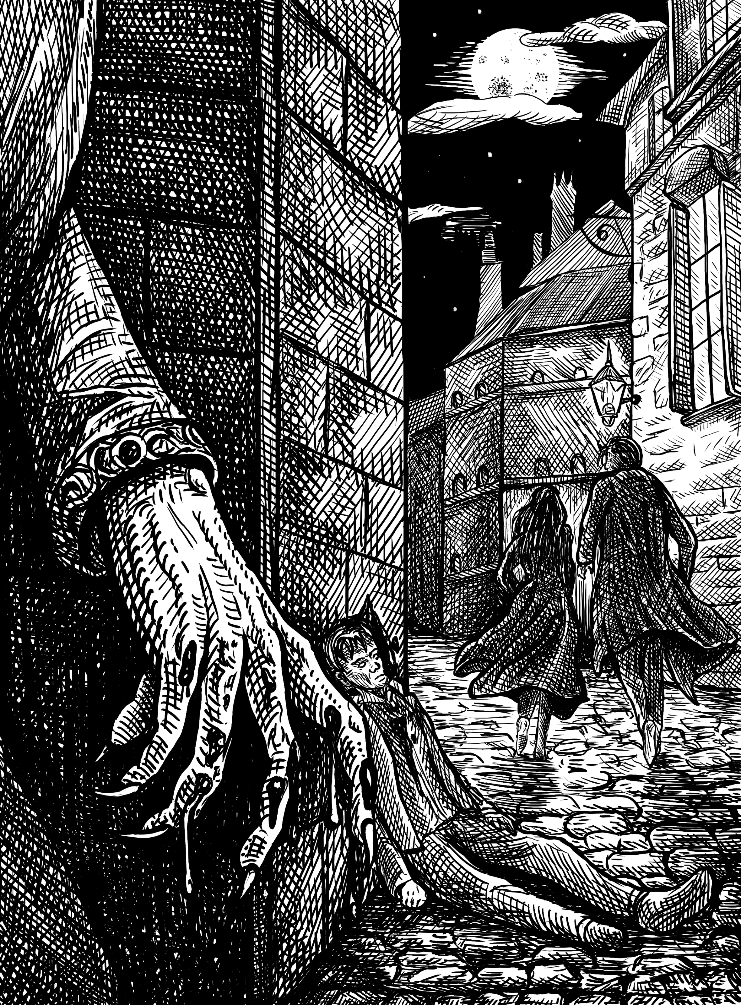 Original World(s)End illustration of a moonlit alley, a bloodied hand, a fallen figure, and two figures walking away.