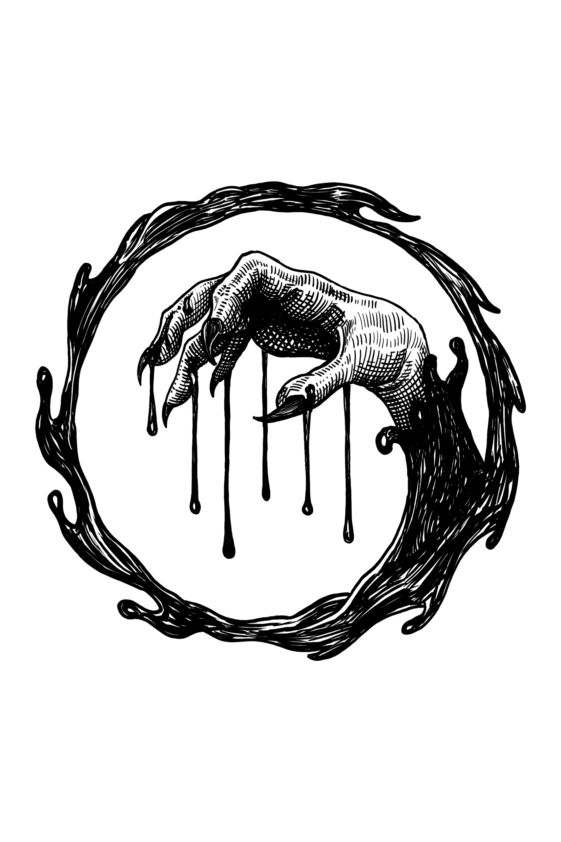 The Nightstrings sigil. A clawed hand suspending strands of blood.
